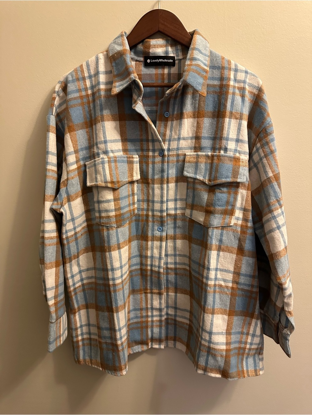 LovelyWholesale Light Blue, Cream & Brown Plaid Utility Shacket
